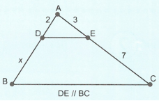 Tính độ dài x trong các hình sau: Tam giác ABC, AC = 10, DE // BC, AD = 2 cm, AE =3 (ảnh 1)