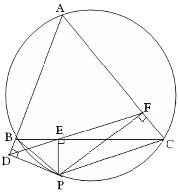 Từ một điểm trên đường tròn ngoại tiếp của một tam giác bất kì hạ các đường  vuông góc xuống ba cạnh của tam giác ABC nội tiếp đường tròn (ảnh 1)