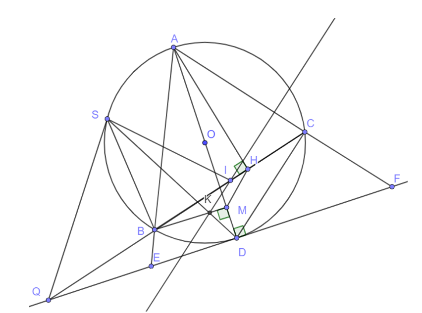 Cho ∆ABC nhọn (AB > AC) nội tiếp đường tròn (O), kẻ đường cao AH của ∆ ABC và đường kính AD của (O). Gọi M là hình chiếu vuông góc của B trên đường thẳng AD. 1) Chứng minh tứ giác ABMH nội tiếp. 2) Tiếp tuyến tại D của đường tròn (O) cắt hai tia AB và AC lần lượt tại E và F. Chứng minh AB.AE = AC.AF. 3) Gọi I là trung điểm của BC, đường thẳng qua I song song với CD cắt BM tại K, tia DK cắt đường tròn (O) tại điểm thứ hai là S.   (ảnh 1)