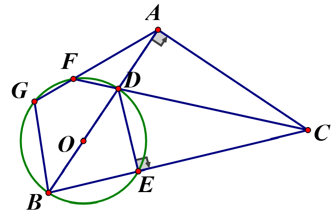 Cho tam giác AB C  vuông tại A có  AB = 4cm, AC = 3cm Lấy điểm D thuộc cạnh AB (AD< DB) Đường tròn (O) đường kính BD cắt CB tại E.  (ảnh 1)