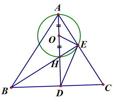 Cho tam giác ABC cân tại A, các đường cao AD, BE cắt nhau tại H. Vẽ đường tròn (ảnh 1)