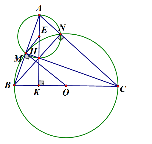 Cho tam giác ABC nhọn. Đường tròn tâm O, đường kính BC cắt AB ở M và cắt AC ở N (ảnh 1)