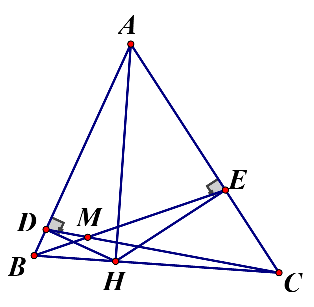 Cho tam giác nhọn ABC, đường cao AH (H thuộc BC) . Gọi D và E lần lượt là hình chiếu của điểm H trên cạnh AB và AC, M là giao điểm của BE và CD. Chứng minh: (ảnh 1)