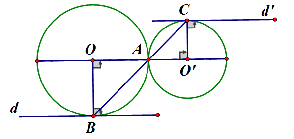 Cho hai đường tròn (O) và (O') tiếp xúc ngoài tại A. Đường thẳng qua A cắt (O) (ảnh 1)