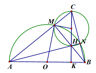 Cho nửa đường tròn (O), đường kính AB = 2R và điểm C nằm ngoài nửa đường tròn (ảnh 1)