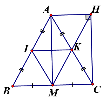Cho tam giác ABC cân tại A, đường trung tuyến AM (M thuộc BC)  . Gọi I, K thứ tự là trung điểm của AB và AC. (ảnh 1)