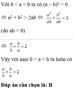 Chọn câu đúng, biết 0 < a < b.  A. a/b+ b/a < 2  B. a/b+ b/a> 2 (ảnh 1)