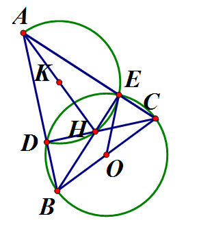 Cho tam giác ABC có góc BAC = 45 độ. Các góc B, C đều nhọn. Đường tròn đường (ảnh 1)