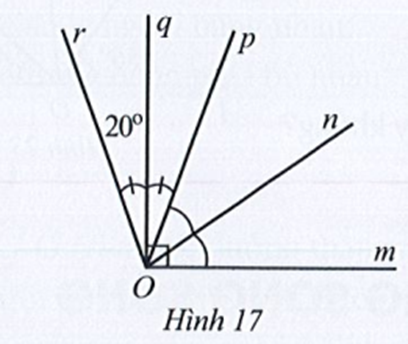 Ở Hình 17 có On, Oq lần lượt là tia phân giác của góc mOp, pOr. Tính số đo mỗi góc mOr, pOq, mOn, nOq. (ảnh 1)