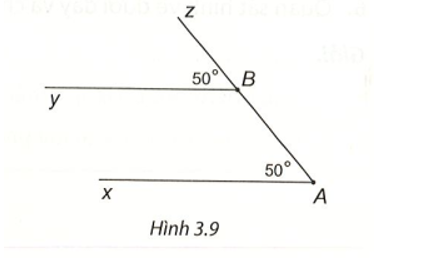 Cho Hình 3.9, biết góc xAz= 50 độ, góc yBz= 50 độ Giải thích vì sao Ax song song By. (ảnh 1)
