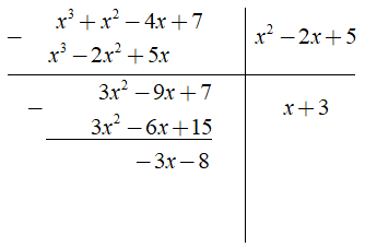 Phép chia x^3 + x^2 - 4x + 7 cho x^2 - 2x + 5 được đa thức dư là ? (ảnh 1)