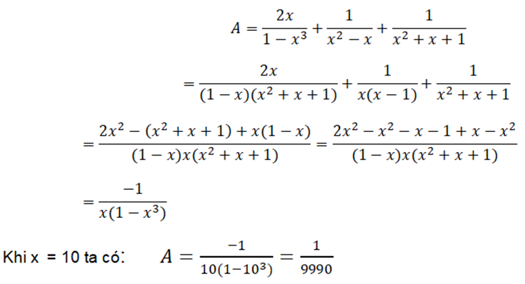 Rút gọn và tính giá trị của biểu thức: A=(2x/1-x^2)+1/(x^2-x)+1/(x^2+x+) khi x=10 (ảnh 2)