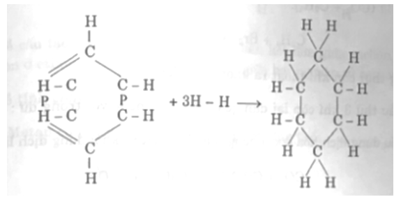 Cho benzen tác dụng với hiđro khi đun nóng, có mặt Ni xúc tác. Viết phương trình phản ứng dưới dạng công thức cấu tạo. (ảnh 1)