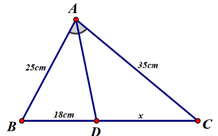 1) Cho tam giác ABC có AD là phân giác trong của góc A. Tìm x trong hình vẽ sau với độ dài cho sẵn trong hình.   (ảnh 1)