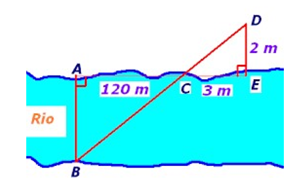 Để đo chiều rộng của dòng sông người ta dùng thước và giác kế ngang xác định được các điểm như hình vẽ.  (ảnh 1)