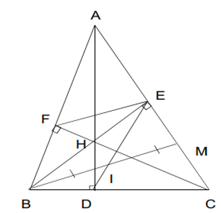Cho ∆ABC nhọn (AB < AC) có đường cao BE, CF cắt nhau tại H. a) Chứng minh: ∆FHB và ∆EHC đồng dạng. (ảnh 1)