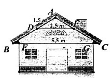 Một ngôi nhà có thiết kê mái như hình vẽ và các số đo như sau: AD = 1,5 m; DE = 2,5 m; BF = GC = 1 m; FG = 5,5 m.  (ảnh 1)