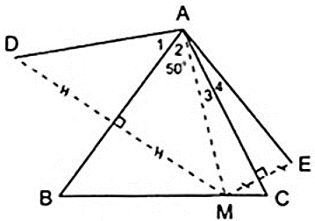 Cho tam giác ABC có góc A= 50 độ, điểm M thuộc cạnh BC. Vẽ điểm D đối xứng với M qua AB, vẽ điểm (ảnh 1)