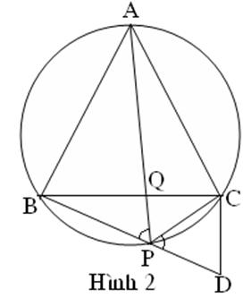Trên cung BC của đường tròn ngoại tiếp tam giác đều ABC lấy một điểm P tuỳ ý. Các đoạn thẳng AP và BC cắt nhau tại điểm Q (ảnh 2)