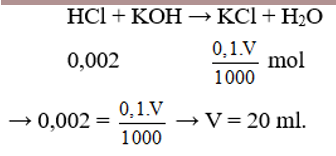Để trung hòa hoàn toàn 20 ml dung dịch HCl 0,1M cần V ml dung dịch KOH nồng độ 0,1mol/l. Giá trị của V là (ảnh 1)