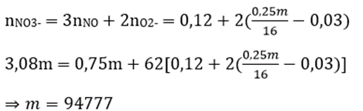 Hỗn hợp X gồm Al, Fe3O4 và CuO, trong đó oxi chiếm 25% khối lượng hỗn hợp. Cho 1,344 lít khí CO (đktc) đi qua m gam X nung nóng, sau một thời gian thu được chất rắn Y và hỗn hợp khí Z có tỉ khối so với H2 bằng 18. Hòa tan hoàn toàn Y trong dung dịch HNO3 loãng (dư), thu được dung dịch chứa 3,08m gam muối và 0,896 lít khí NO (ở đktc, là sản phẩm khử duy nhất). Giá trị m gần giá trị nào nhất sau đây ? (ảnh 2)