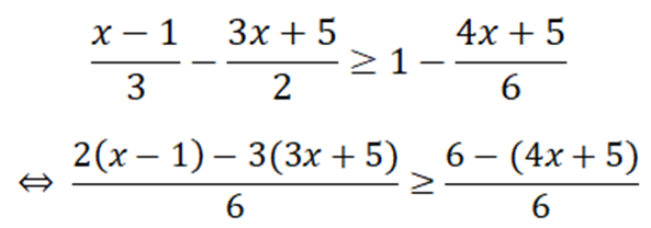 Giải bất phương trình sau đây và biểu diễn tập nghiệm trên trục số : (x-1)/3-(3x+5)/2 >=1-(4x+5)/6 (ảnh 2)