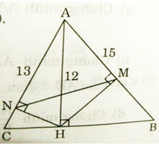 Cho tam giác ABC có ba góc nhọn, biết AB = 15cm, AC = 13cm và đường cao AH = 12cm. Gọi N, M lần lượt là hình chiếu vuông góc của H xuống AC và AB. a) Chứng minh rằng ΔAHN ∼ ΔACH b) Tính độ dài BC c) Chứng minh ΔAMN ∼ ΔACB d) Tính MN (ảnh 1)