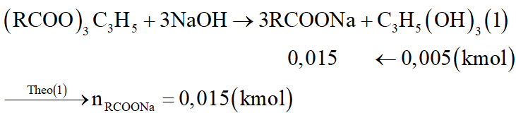 Đun nóng một loại chất béo với dung dịch NaOH (vừa đủ), thu được 0,46 kg glixerol và 4,31 kg hỗn hợp 2 muối của các axit béo C15H31COOH và C17H35COOH. Xác định công thức cấu tạo có thể của chất béo trên. (ảnh 1)