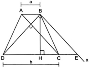 Tính chiều cao BH của hình thang cân ABCD, biết AC ⊥ BD và hai cạnh đáy AB = a, CD = b. Từ đó suy (ảnh 1)