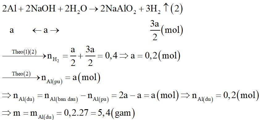 Cho hỗn hợp gồm Na và Al có tỉ lệ số mol tương ứng là 1 : 2 vào nước (dư). Sau khi các phản ứng xảy ra hoàn toàn, thu được 8,96 lít khí H2 (ở đktc) và m gam chất rắn không tan. Giá trị của m là: (ảnh 3)