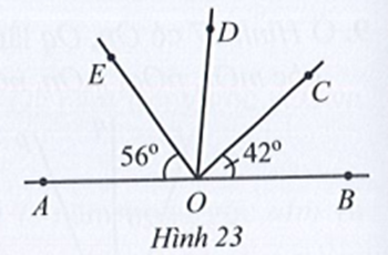 Ở Hình 23 có góc BOC = 42 độ, góc AOD = 97 độ, góc AOE = 56 độ.  b) Tia OD có là tia phân giác của góc COE hay không? (ảnh 1)