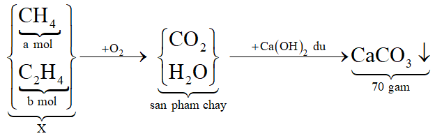 Đốt cháy hoàn toàn 8,96 lít hỗn hợp X gồm CH4, C2H4 (đktc), dẫn toàn bộ sản phẩm cháy vào dung dịch nước vôi trong dư, thu được 70 gam kết tủa. Phần trăm thể tích mỗi khí trong hỗn hợp X tương ứng là: (ảnh 2)