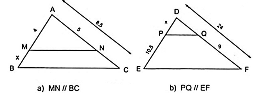 Tính giá trị của x trên hình vẽ đã có:   a) Áp dụng định lí Ta – lét vào tam giác ABC có MN//BC   (ảnh 1)
