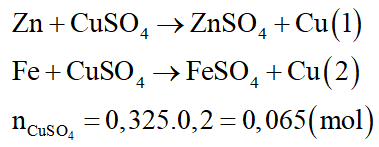 Cho 6,8 gam hỗn hợp X gồm Zn và Fe vào 325ml dung dịch CuSO4 0,2M, sau khi phản ứng hoàn toàn, thu được dung dịch và 6,96 gam hỗn hợp kim loại Y. Khối lượng Fe tham gia phản ứng là: (ảnh 1)