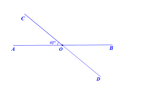 Cho hai đường thẳng AB và CD cắt nhau tại O tạo thành góc AOC=40 độ.  a) Tính số đo các góc còn lại. (ảnh 1)