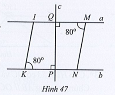 Quan sát Hình 47.  a) Vì sao hai đường thẳng a và b song song với nhau? (ảnh 1)