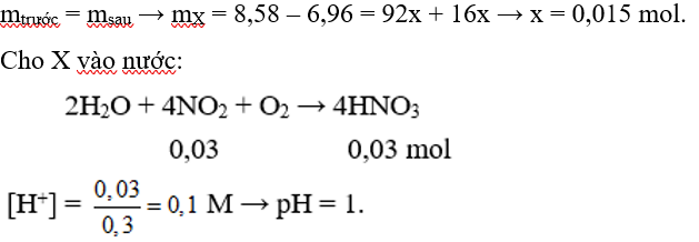 Nung 8,58 gam Cu(NO3)2 trong bình kín không chứa không khí, sau một thời gian thu được 6,96 gam chất rắn và hỗn hợp khí X. Hấp thụ hoàn toàn X vào nước để được 300 ml dung dịch Y. Dung dịch Y có pH bằng (ảnh 2)