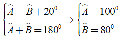 Cho hình bình hành ABCD có góc A - góc B = 20 độ. Xác định số đo góc A và B? A. góc A = 80 độ (ảnh 1)