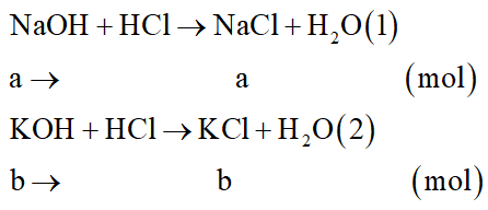 Cho 3,04 gam hỗn hợp gồm NaOH và KOH tác dụng vừa đủ với dung dịch HCl, thu được 4,15 gam muối. (ảnh 2)