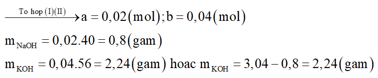 Cho 3,04 gam hỗn hợp gồm NaOH và KOH tác dụng vừa đủ với dung dịch HCl, thu được 4,15 gam muối. (ảnh 4)