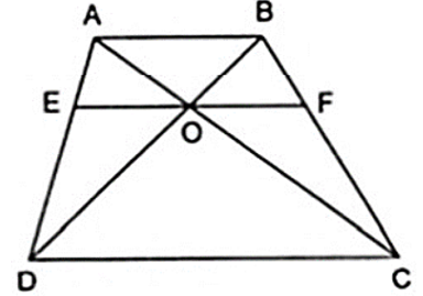 Cho hình thang ABCD ( AB//CD ) có O là giao điểm của hai đường chéo. Đường thẳng (ảnh 1)