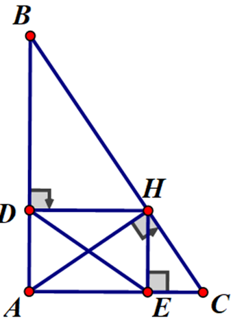 Cho tam giác ABC vuông tại A có AH là đường cao. Vẽ HD ⊥ AB ( D ∈ AB ). HE ⊥ AC ( E ∈ AC ). AB = 12cm, AC = 16 cm a) Chứng minh : ΔHAC ∼ ΔABC b) Chứng minh : AH2 = AD.AB c) Chứng minh : AD.AB = AE.AC. (ảnh 1)