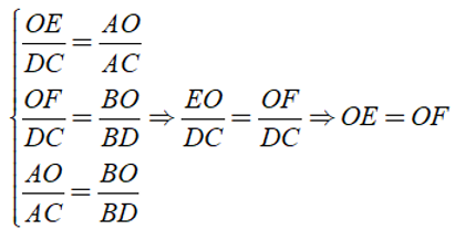 Cho hình thang ABCD ( AB//CD ) có O là giao điểm của hai đường chéo. Đường thẳng (ảnh 2)