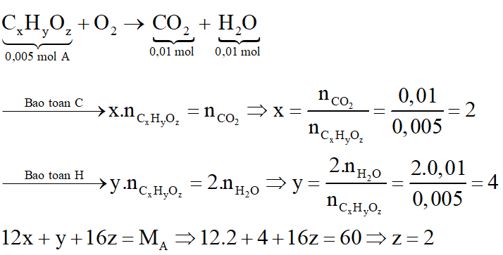 Đốt cháy hoàn toàn 0,30 gam chất A chỉ thu được 0,44 gam khí cabonic và 0,18 gam nước. Thể tích hơi của 0,60 gam chất A bằng thể tích của 0,32 gam khí oxi (ở cùng điều kiện nhiệt độ, áp suất). Công thức phân tử của A là: (ảnh 3)