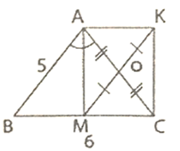 Cho ΔABC cân tại A có AB = 5cm; BC = 6cm. Kẻ phân giác trong AM (M ∈ BC) . Gọi O là trung điểm của AC và K là điểm đối xứng của M qua O. a) Tính diện tích tam giác ABC. b) Tứ giác ABMO là hình gì? Vì sao? c) Để tứ giác AMCK là hình vuông thì tam giác ABC phải có thêm điều kiện gì? (ảnh 1)