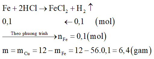 Cho 12 gam hỗn hợp gồm Fe và Cu tác dụng với dung dịch HCl (dư), thu được 2,24 lít H2 (đktc) và m gam chất rắn không tan. Giá trị của m là: (ảnh 2)