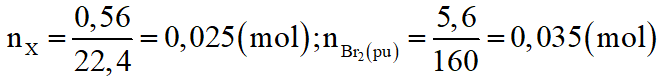 Cho 0,56 lít hỗn hợp khí X gồm C2H4, C2H2 tác dụng hết bới dung dịch brom dư, lượng brom đã tham gia phản ứng là 5,6 gam. Phần trăm thể tích của C2H4 trong hỗn hợp khí X là: (ảnh 1)