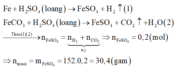 Hòa tan hết hỗn hợp gồm fe, FeCO3 trong dung dịch H2SO4 loãng dư, thu được dung dịch X và 4,48 lít hỗn hợp khí Y (đktc). Cô cạn dung dịch X, thu được lượng muối khan là: (ảnh 2)