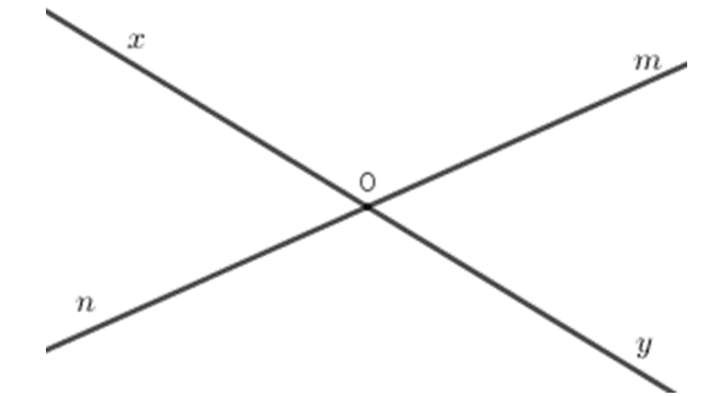 Vẽ hai đường thẳng xy và mnmn cắt nhau tại O.  Kể tên các cặp tia đối nhau. (ảnh 1)