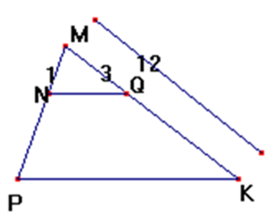Cho hình vẽ : NQ//PK ; Biết MN = 1cm ;MQ = 3cm ; MK = 12cm. Độ dài NP là: (ảnh 1)